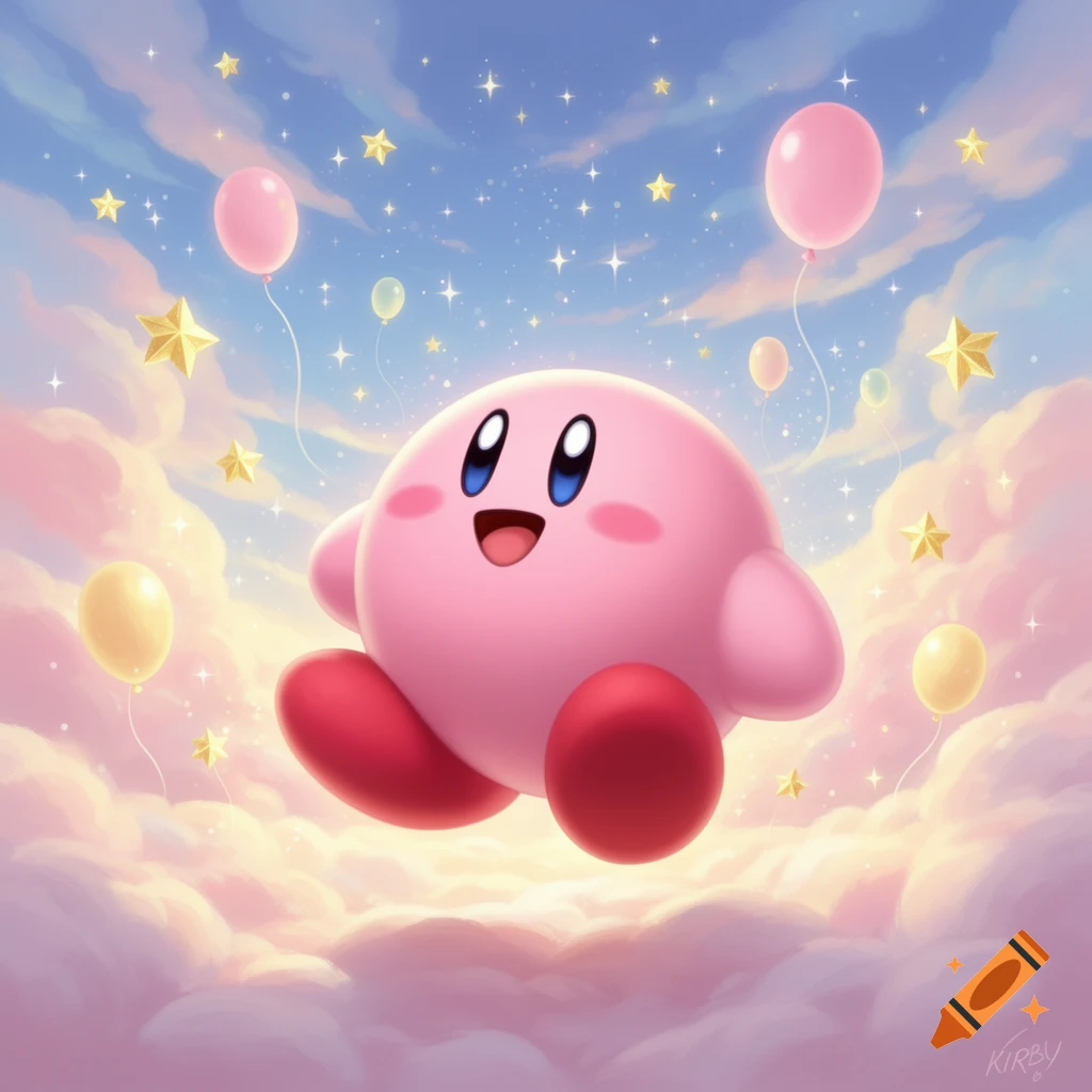 A cute, pink, spherical Kirby floats joyfully in a vibrant sky filled with pink and yellow balloons, golden stars, and soft, pastel clouds.