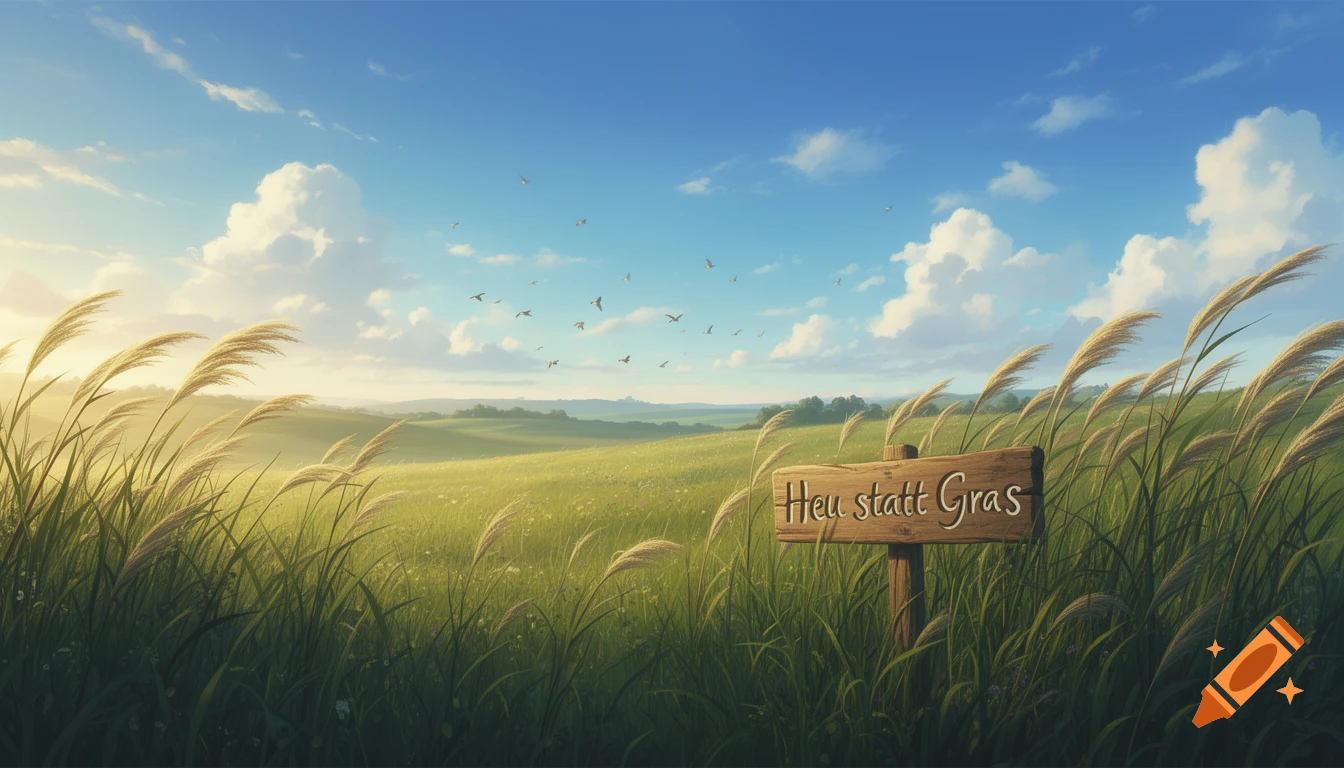 Peaceful digital painting of a sunny meadow with tall reeds, a bright blue sky with clouds, birds, and a sign saying "Heu statt Gras".