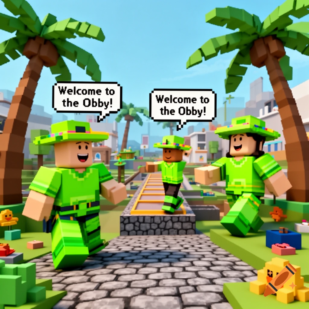 Roblox-style blocky characters in green outfits greet each other with 'Welcome to the Obby!' in a cheerful, pixelated game world with palm trees.