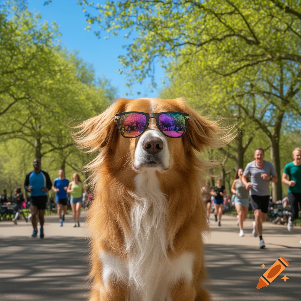 A golden dog with long fur and white chest markings wears reflective sunglasses in a sunny park as people jog.