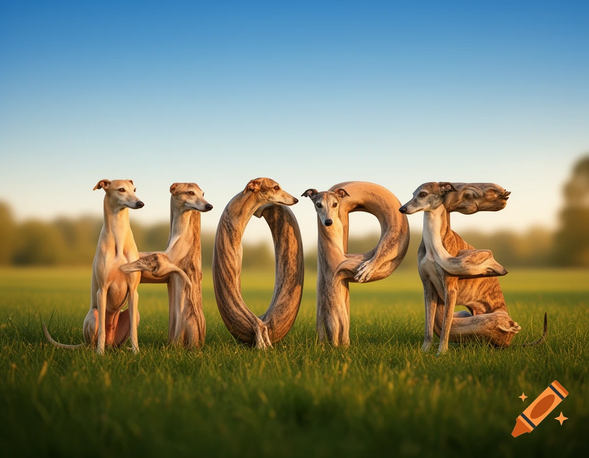Photorealistic greyhounds creatively form the word 'HOPE' on a green grassy field under a clear blue sky.