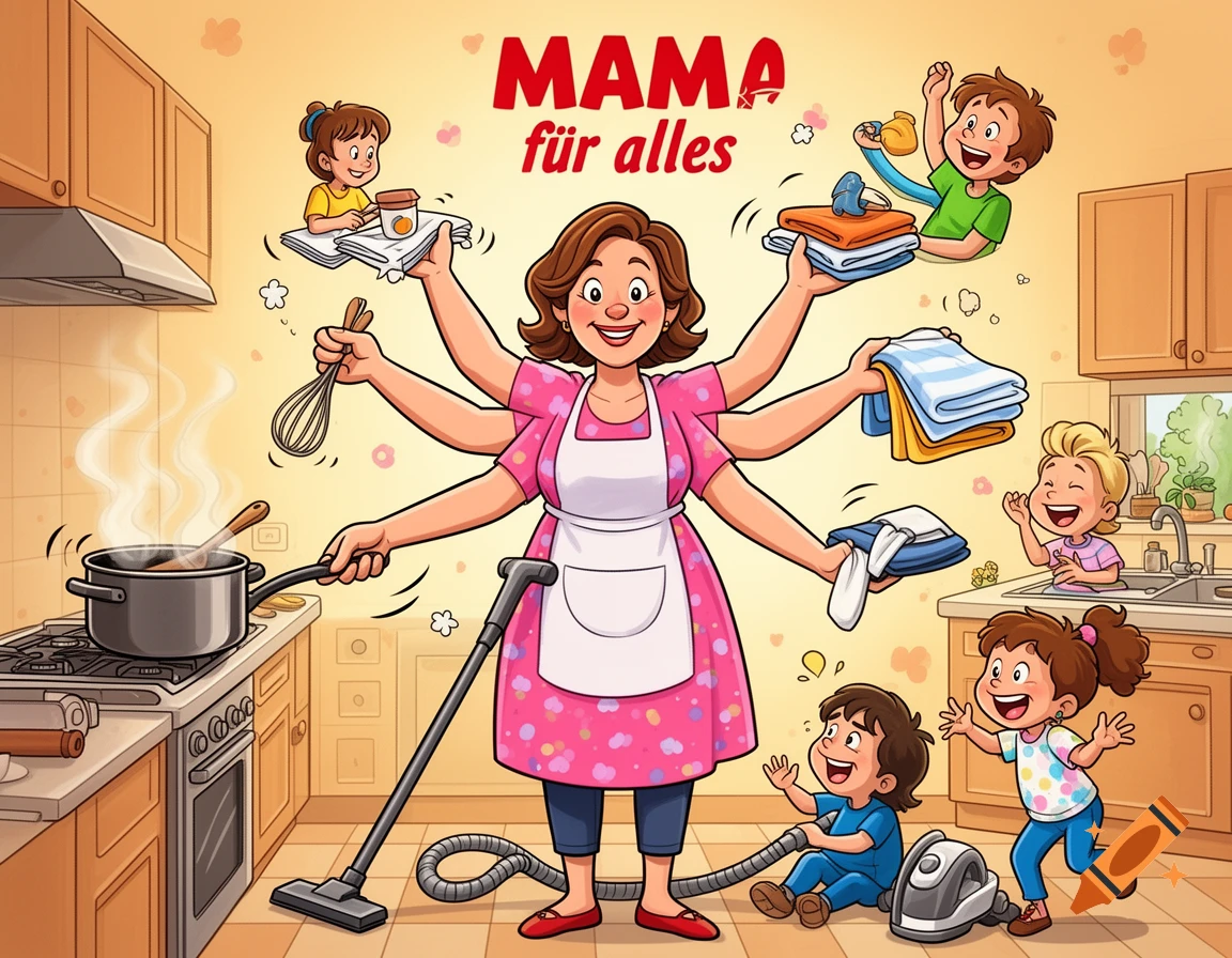 A cartoon mother with multiple arms simultaneously cooking, vacuuming, folding laundry, and caring for children in a kitchen, with text 'MAMA für alles'.