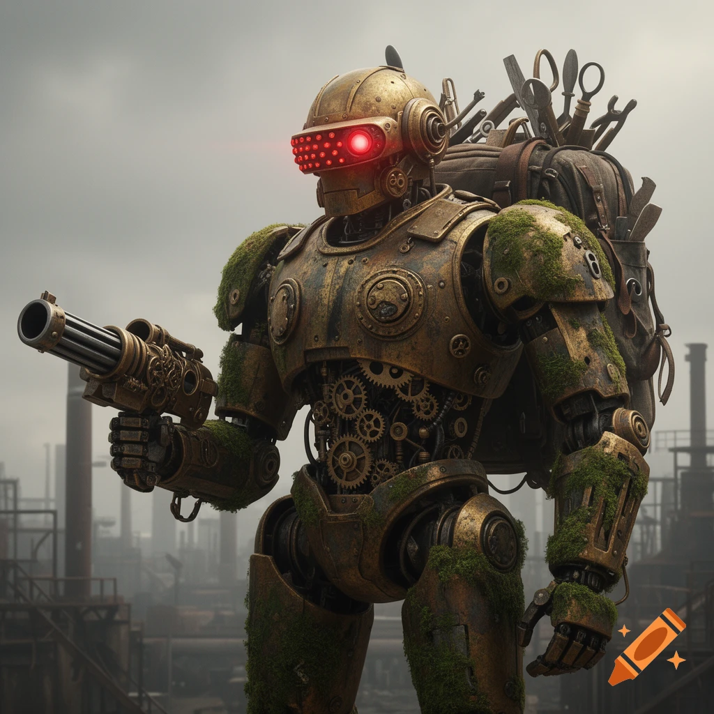 A photorealistic steampunk robot with mossy joints, red visor eyes, holding a gun, and carrying a tool-filled backpack in an industrial setting.