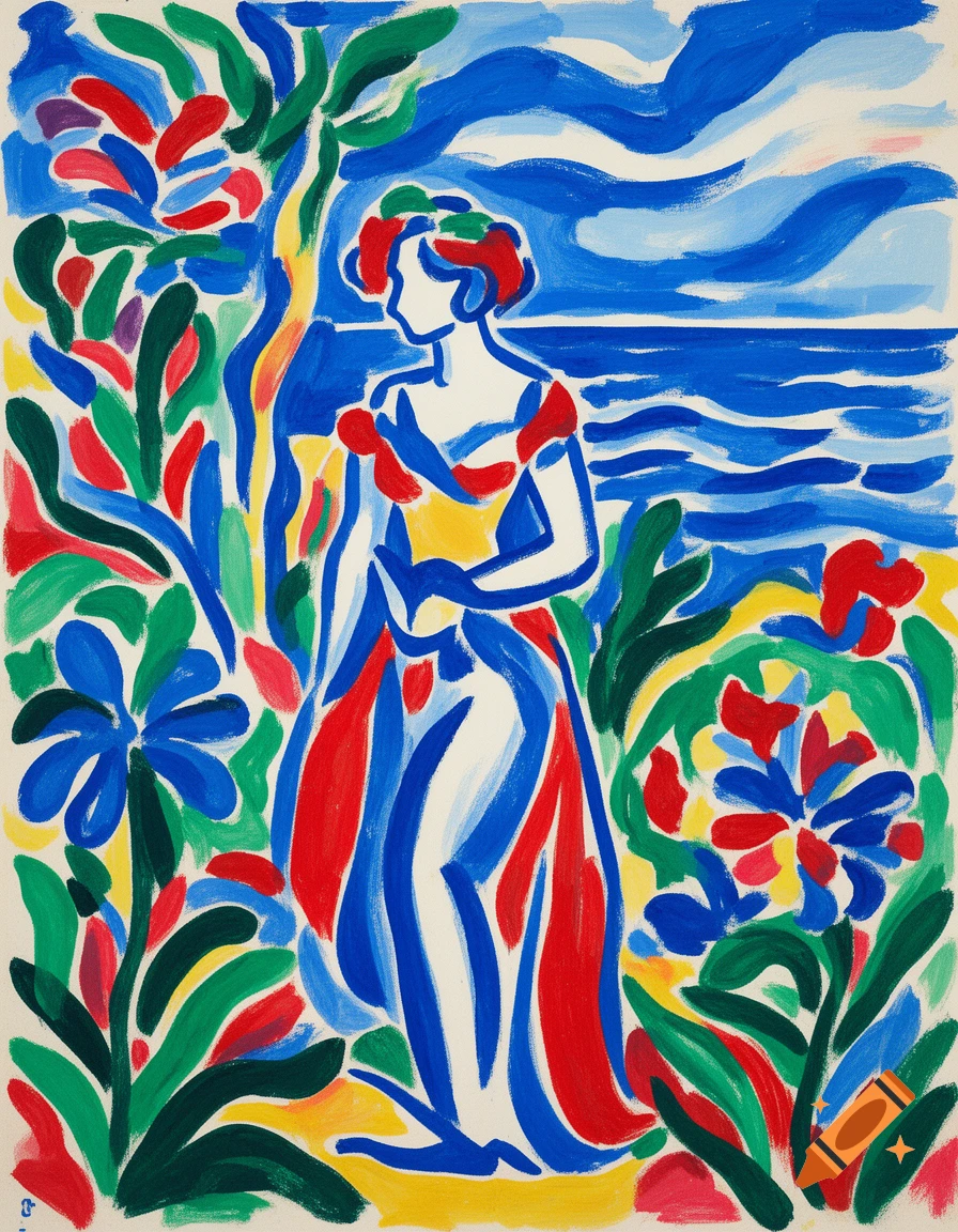 Fauvist painting of a woman in a colorful dress amidst vibrant plants and a blue sea, with broad brushstrokes.