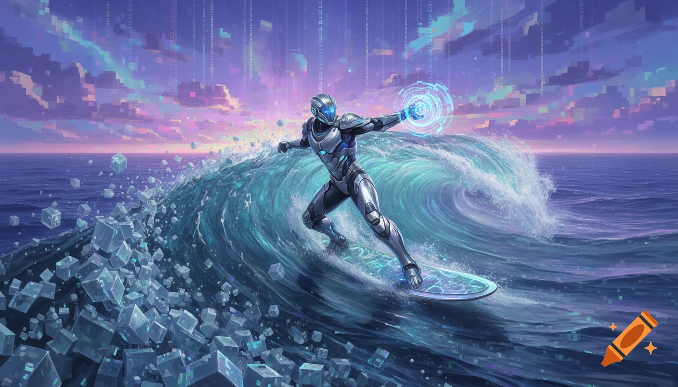 A futuristic cyborg in metallic armor surfs a digital wave, surrounded by glowing data cubes and a pixelated, colorful sky.