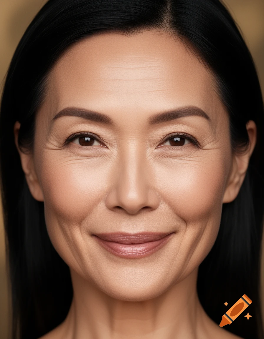 Close-up photorealistic portrait of a smiling middle-aged French-Asian woman with dark hair.
