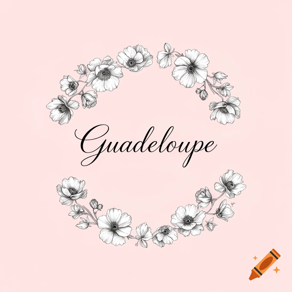 Elegant black and white floral wreath surrounding "Guadeloupe" text in script on a soft pink background.