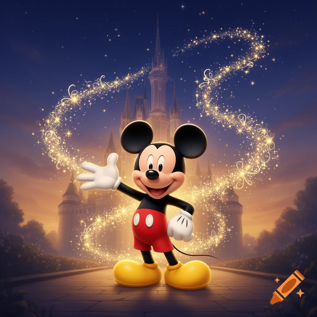 Mickey Mouse waves in front of a magical Disney castle under a starry night sky with golden sparkles.