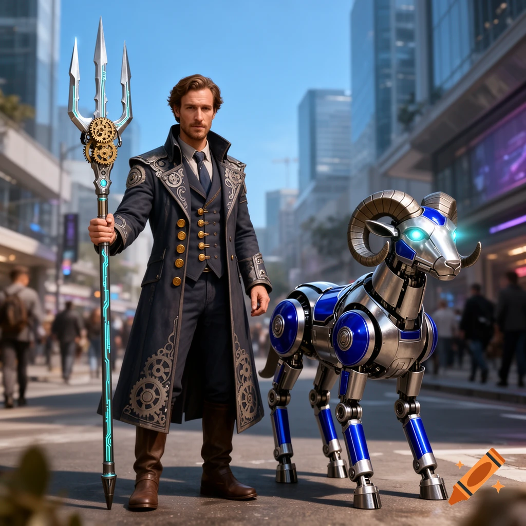 A man in a steampunk coat holds a glowing trident next to a metallic blue and silver ram robot on an urban street.