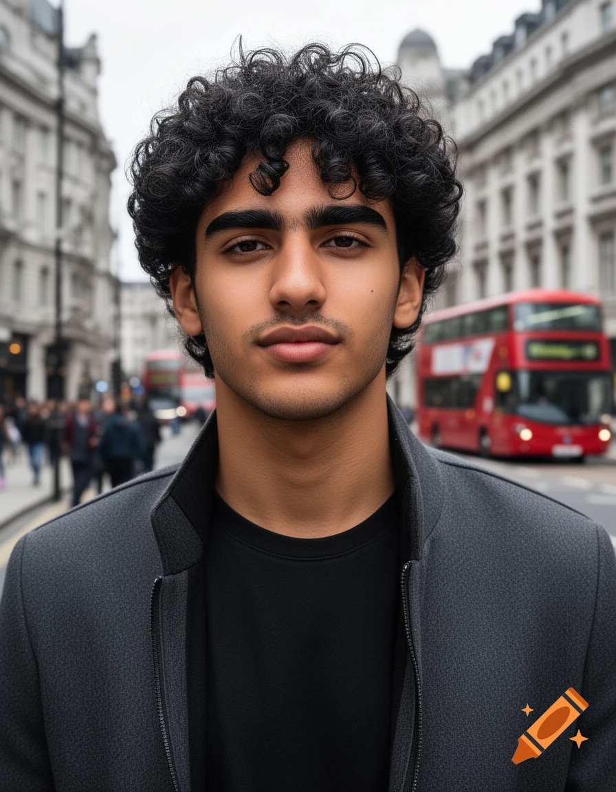 A handsome young man with curly black hair and stubble stands on a London street with a blurred red double-decker bus behind him.