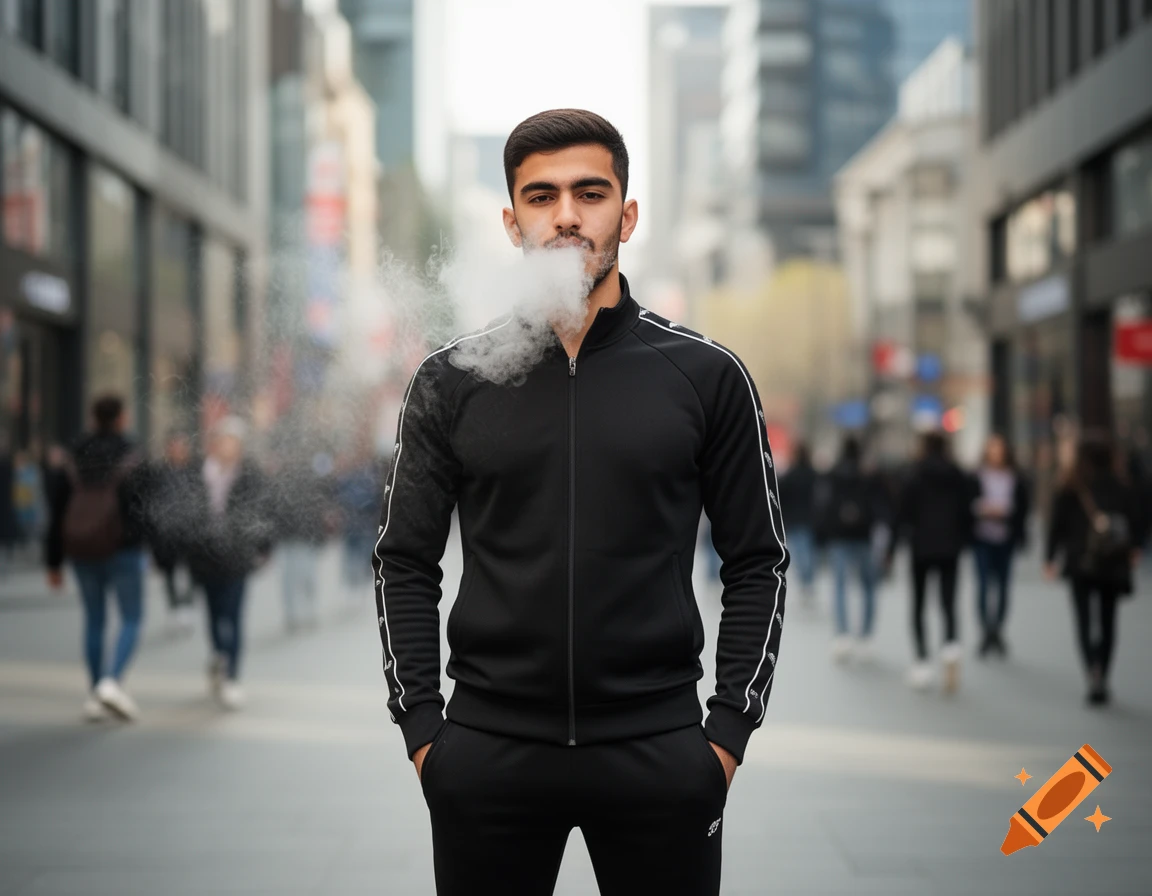 A young man in a black tracksuit exhales a cloud of vape smoke on a city street.