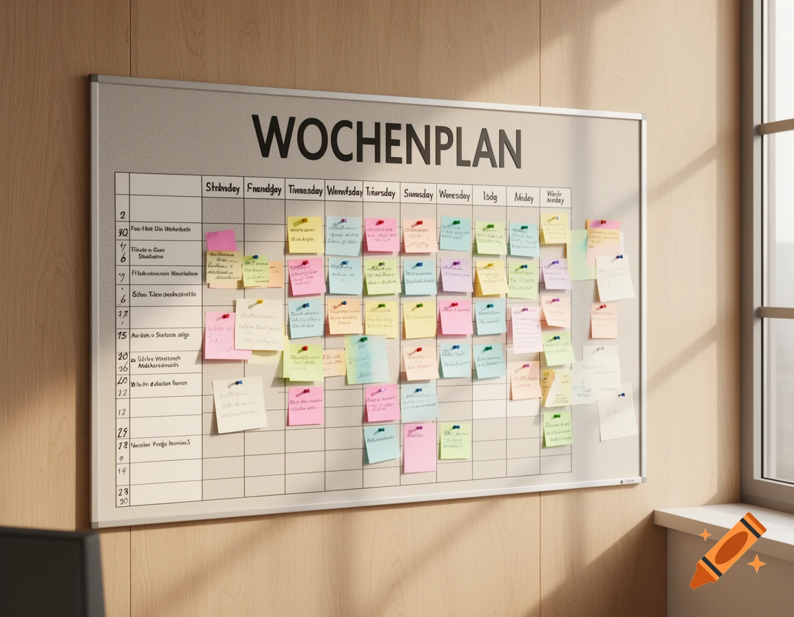 A close-up shot of a whiteboard with "Wochenplan" written at the top, covered in many colorful sticky notes, alongside a window in an office setting.
