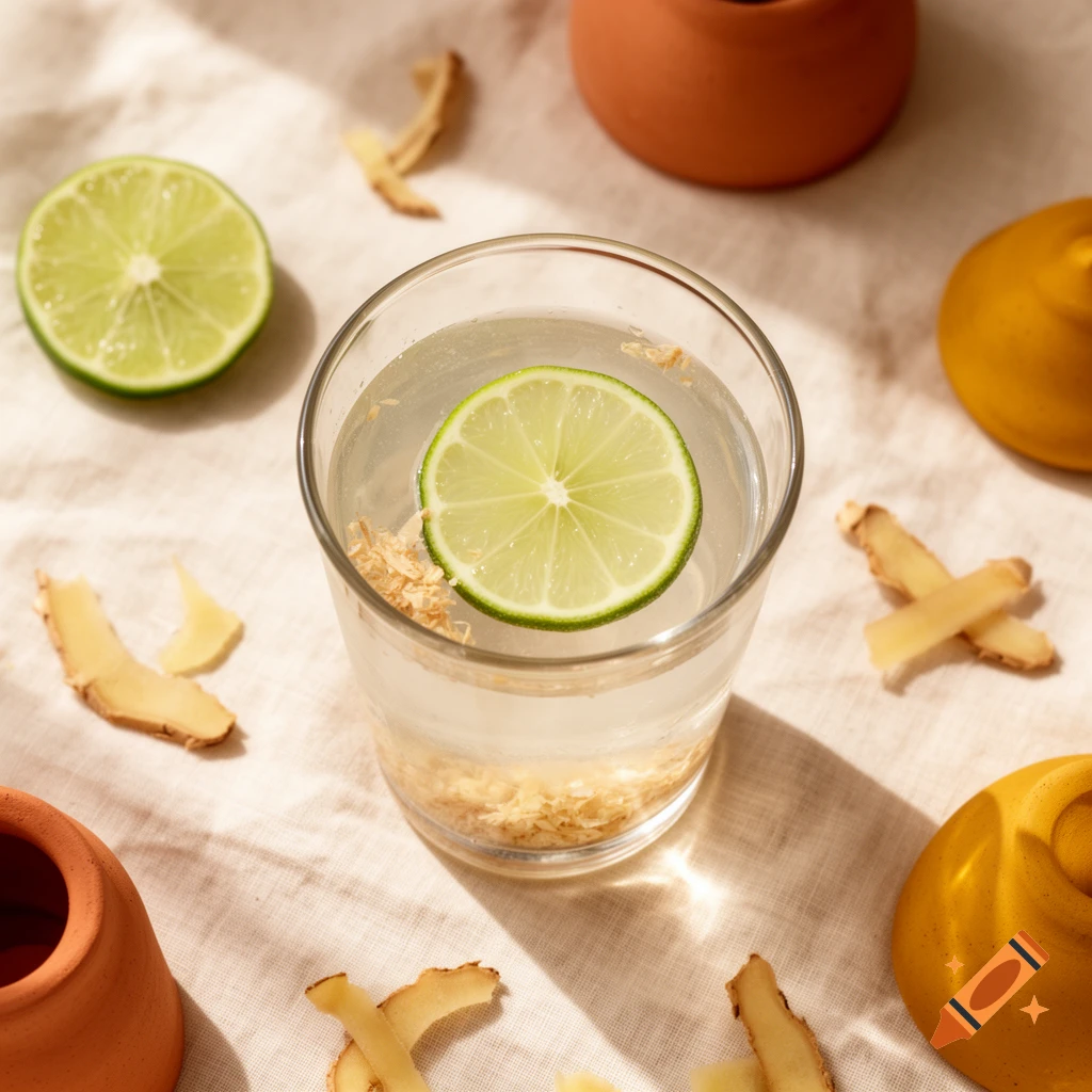 Overhead flat-lay of a coconut water drink with lime and grated ginger in a glass, surrounded by lime, ginger, and terracotta pots on linen.