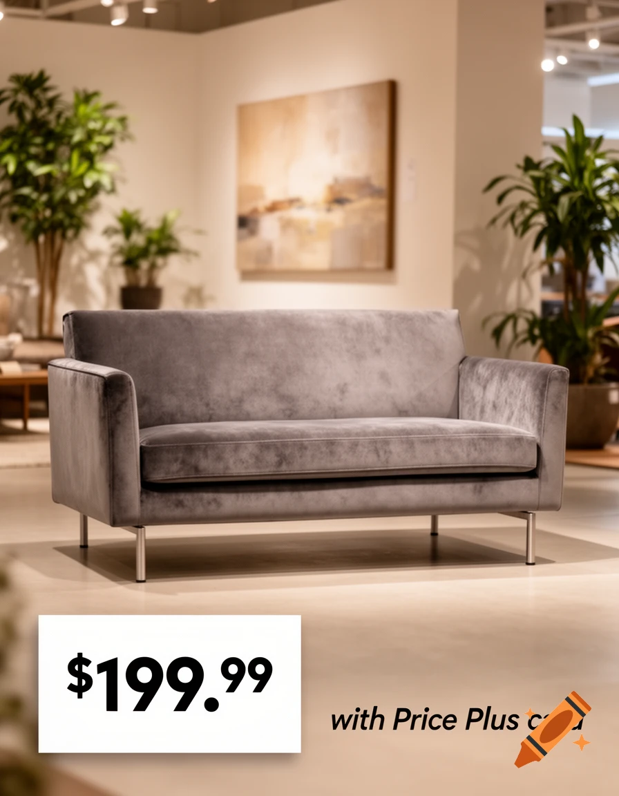 Modern gray velvet sofa in a showroom with a price tag of $199.99 with Price Plus card.