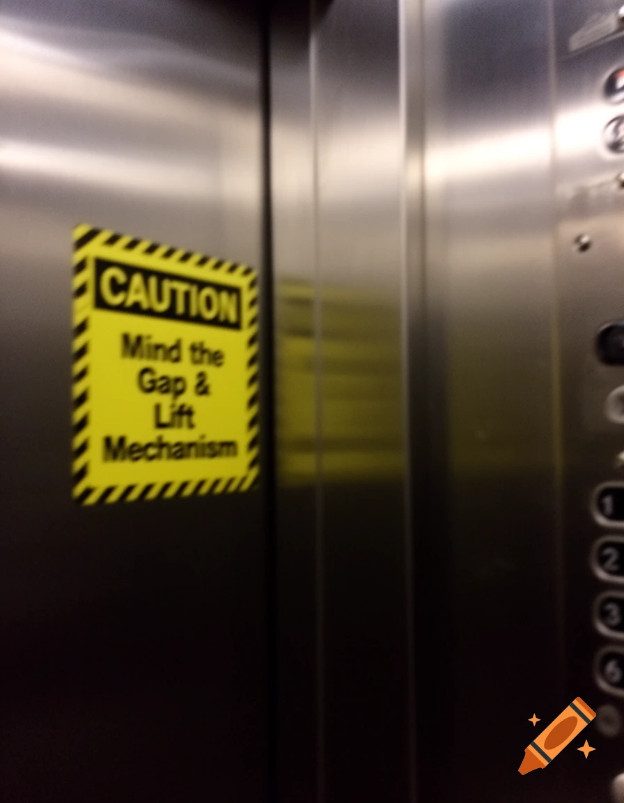 A blurry smartphone photo shows a yellow caution sign that reads 'CAUTION Mind the Gap & Lift Mechanism' on a metallic elevator door.