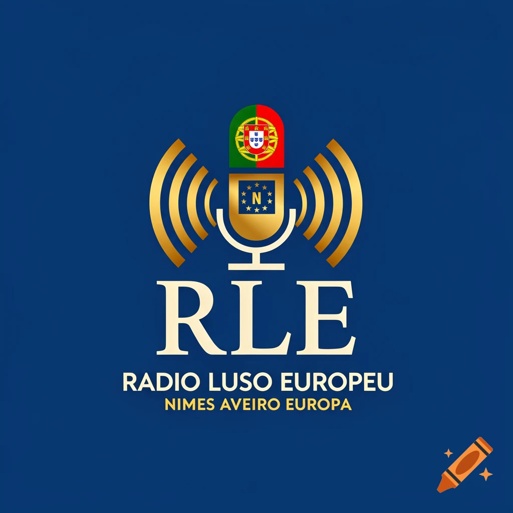 Gold and red logo for Radio Luso Europeu featuring a microphone with a Portuguese flag, radio waves, and text on a blue background.