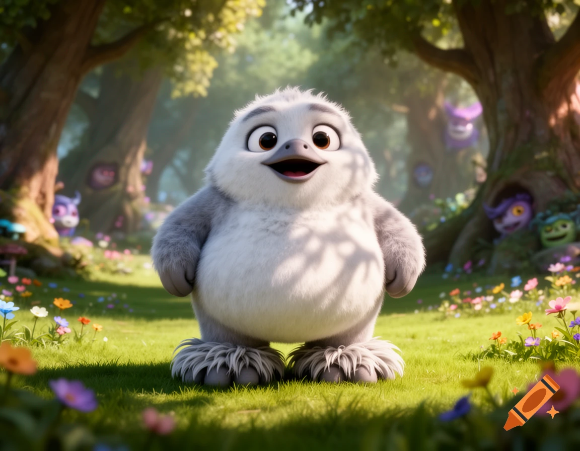 A fluffy, cute white and gray cartoon creature with large eyes and a beak-like mouth smiles in a vibrant, sunlit fantasy forest with smaller creatures in the background.