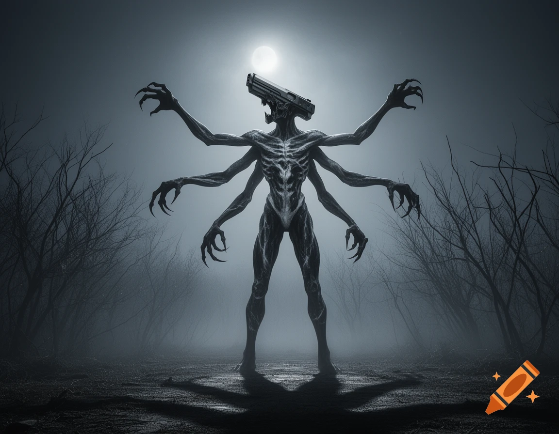 A slender, humanoid monster with six arms and a gun for a head stands in a foggy, barren forest under a full moon.