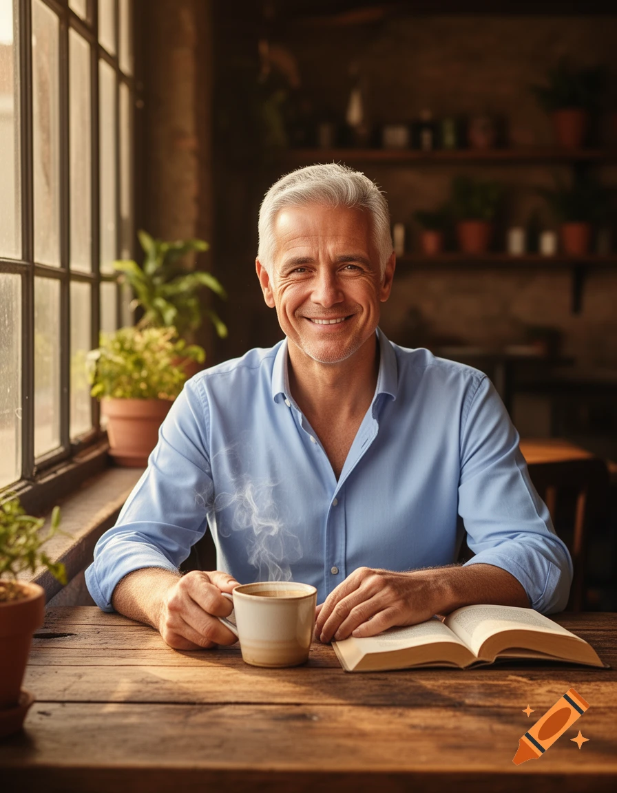 A smiling, grey-haired middle-aged man in a blue shirt holds a steaming coffee cup next to an open book by a sunlit window.