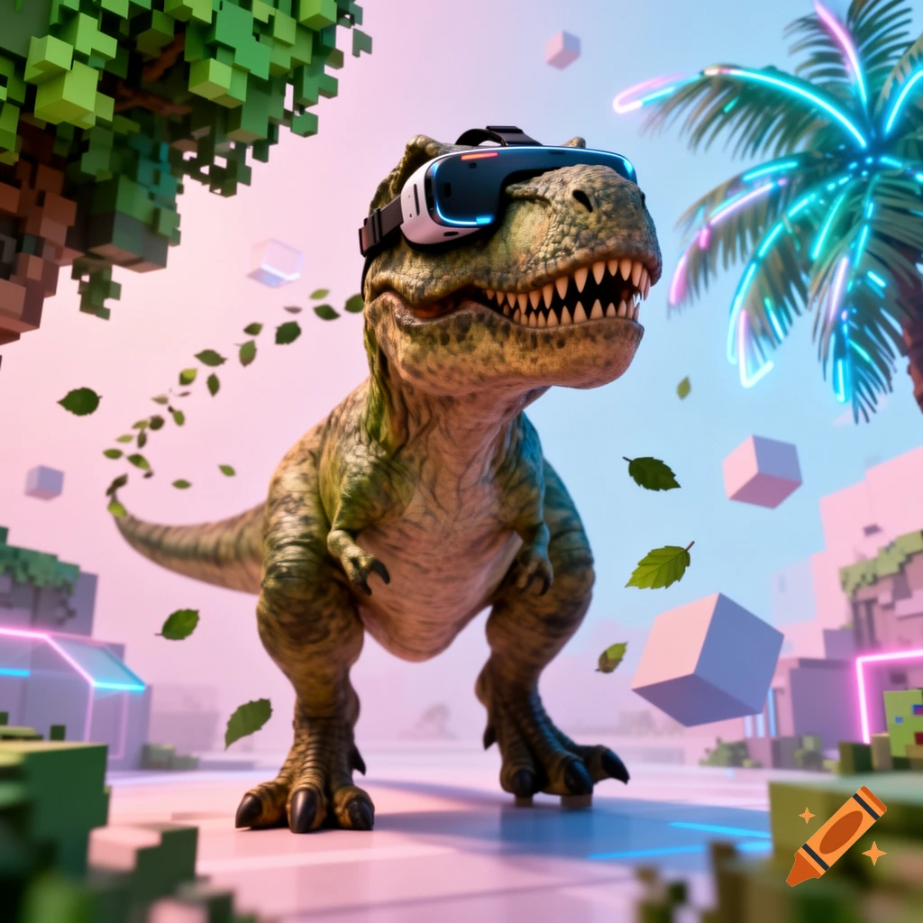 A T-Rex wearing a VR headset in a vibrant, pixelated virtual world with neon palm trees and floating cubes.