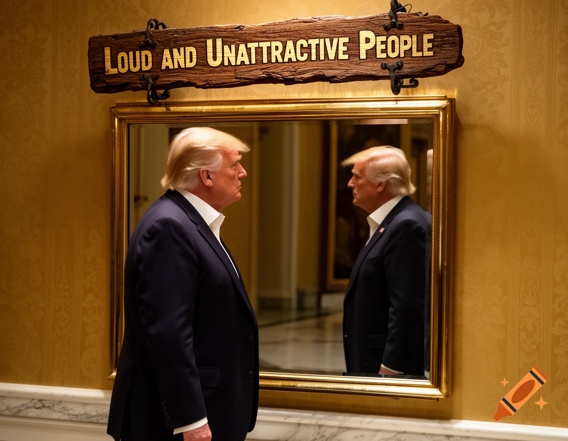 Donald Trump in a suit looks into a mirror. A wooden sign above reads "LOUD AND UNATTRACTIVE PEOPLE".