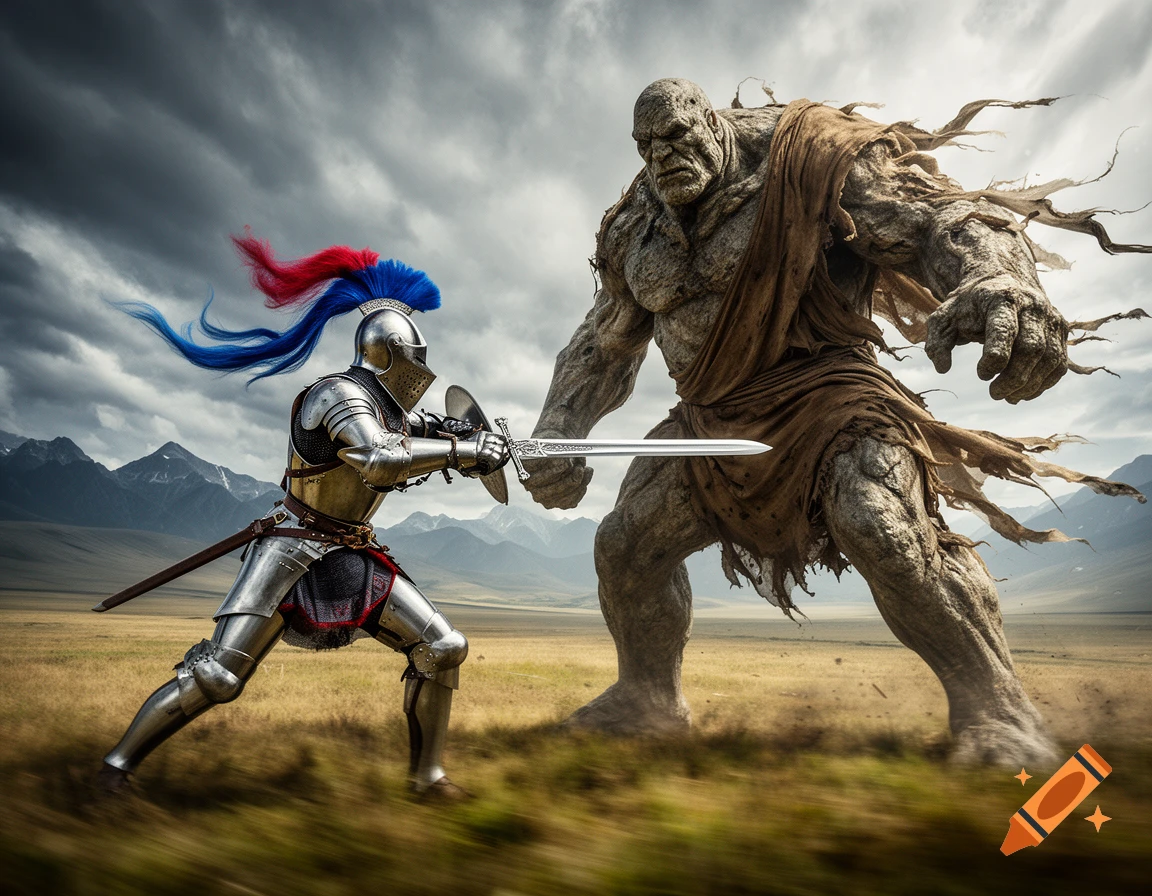 A knight in shining armor with a red and blue plume battles a huge rock-skinned giant in a grassy field under a cloudy sky.