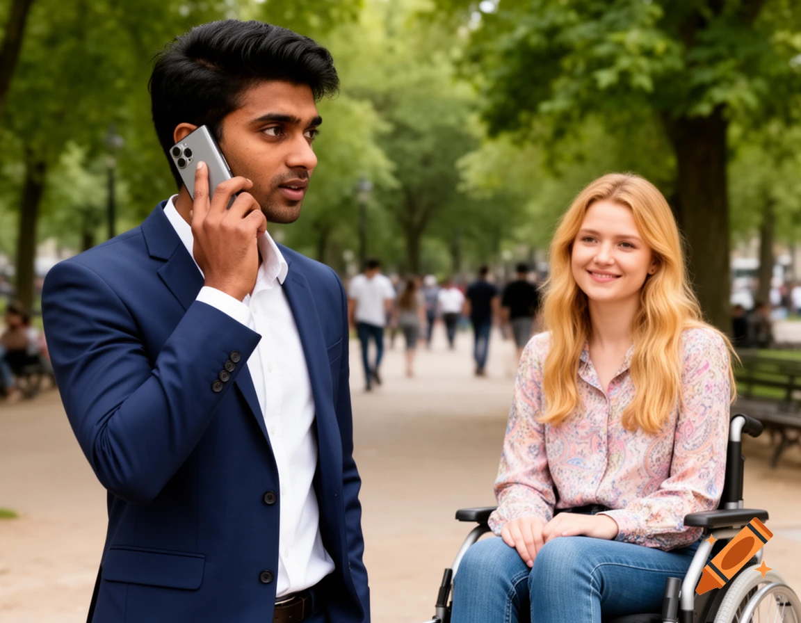 A man on the phone stands next to a smiling woman in a wheelchair in a park.