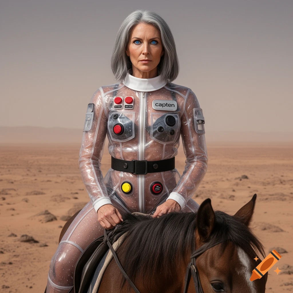 A woman with gray hair and blue eyes, wearing a clear plastic space suit with red and yellow buttons, rides a horse across a desert planet.