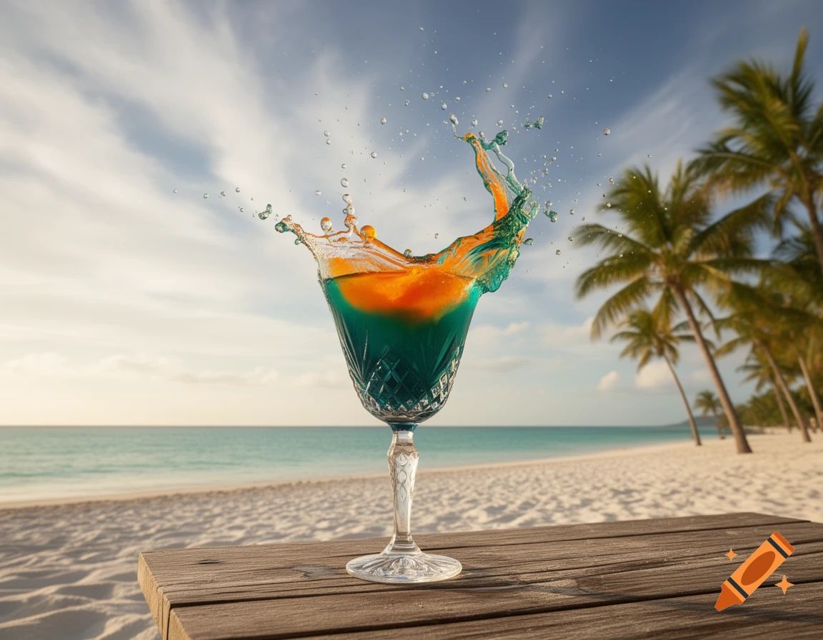 A vibrant cocktail splashes on a wooden table on a tropical beach, with palm trees and blue ocean under a sunny sky.
