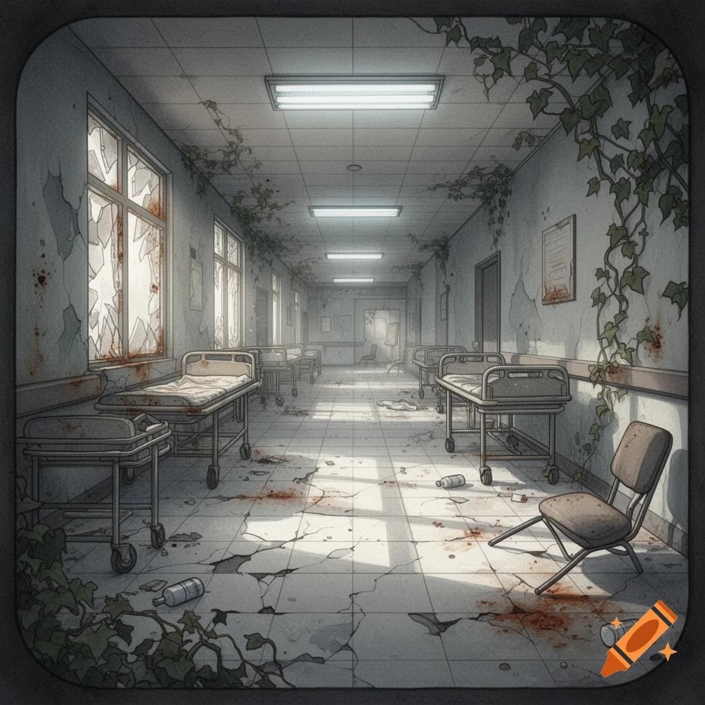 An abandoned, overgrown hospital hallway with broken windows, cracked floors, empty beds, and bloodstains, in a watercolor style.