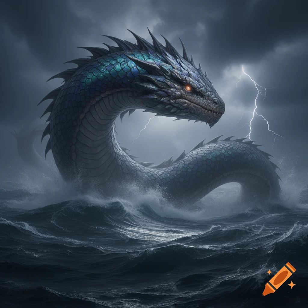 A giant, scaly sea serpent with glowing red eyes emerges from a dark, stormy ocean with lightning in the sky.