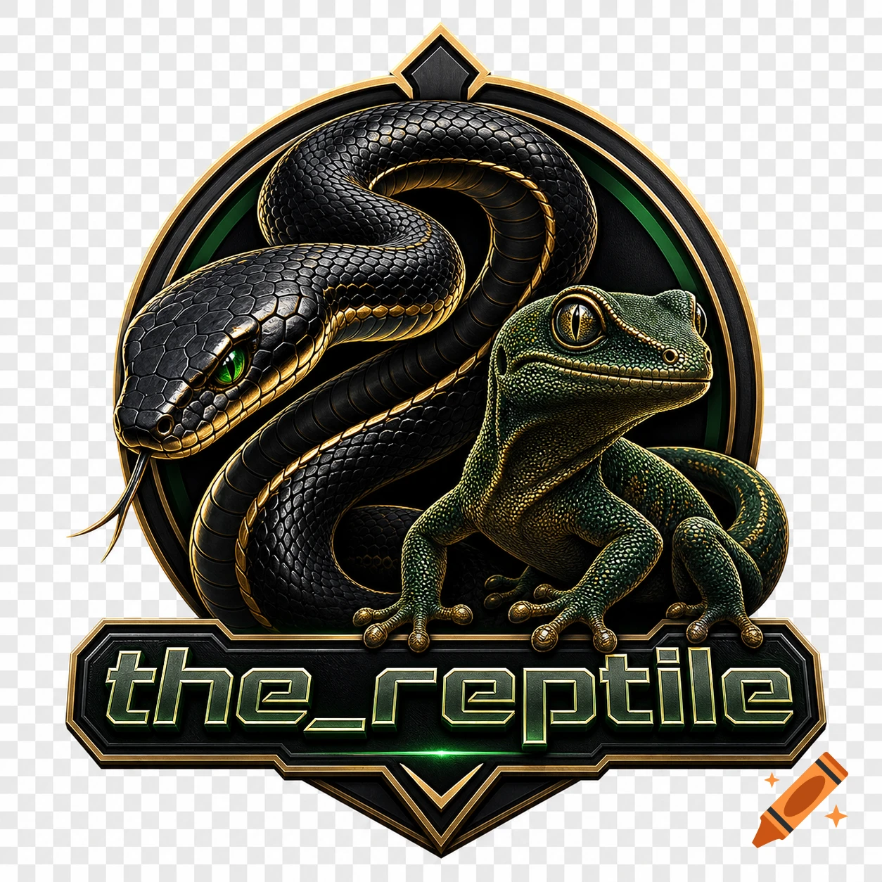 A sleek black snake and a green gecko on a black and gold emblem logo, with "the_reptile" text below.
