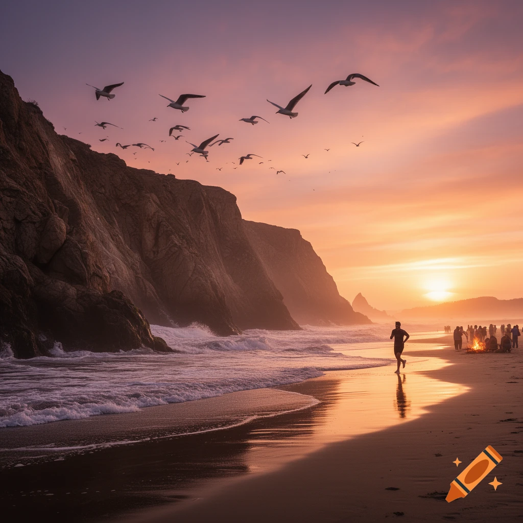 Photorealistic sunset scene with a runner on a beach, waves crashing against cliffs, and seagulls flying above.