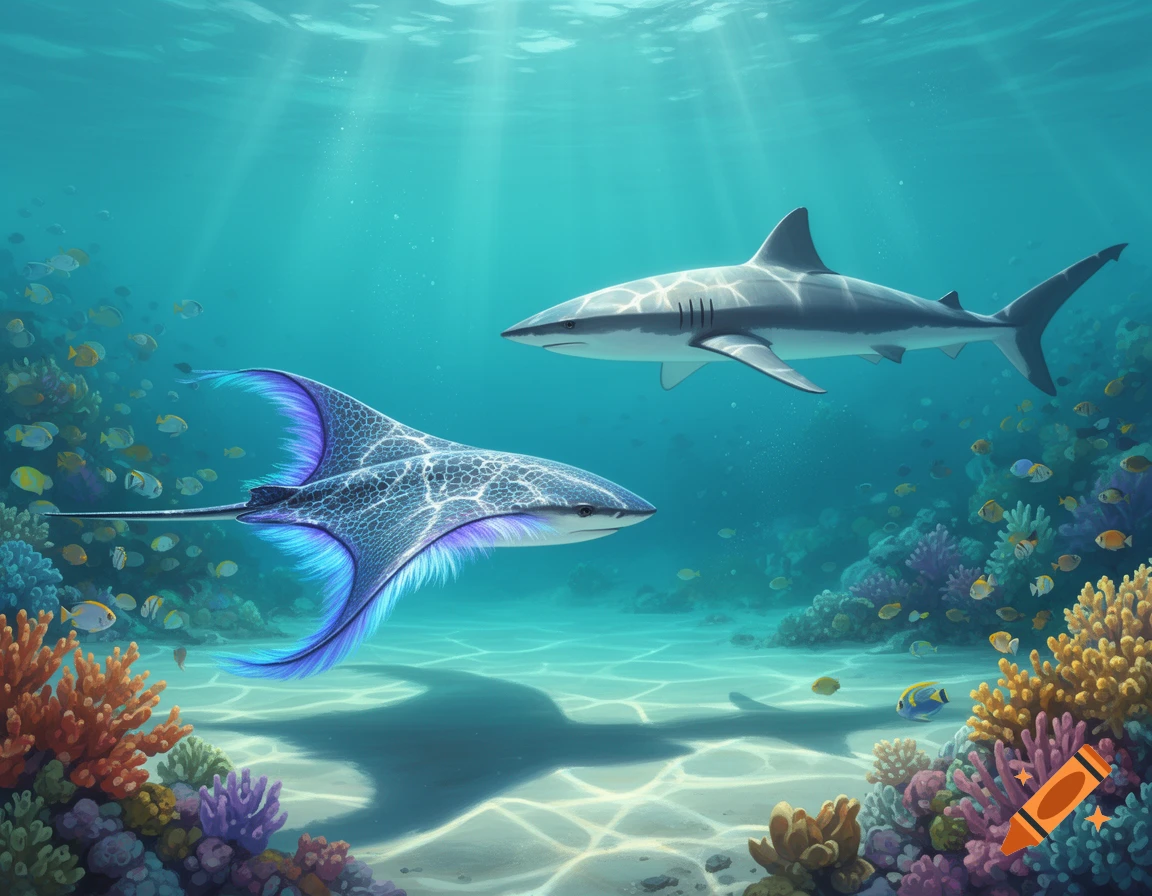 A gray shark and a patterned blue and purple stingray swim above a coral reef on a sandy ocean floor.