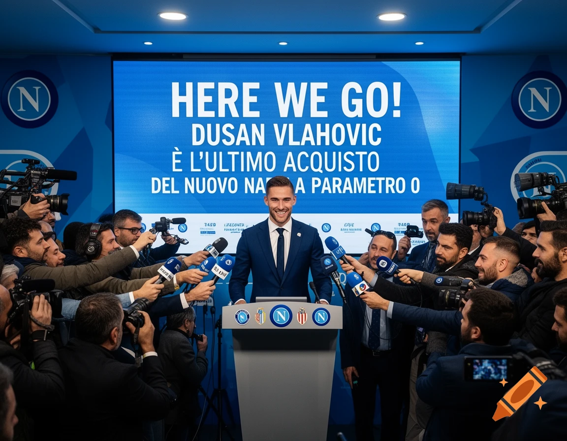 A smiling man in a suit at a podium, surrounded by journalists with microphones, with a screen announcing a new acquisition.