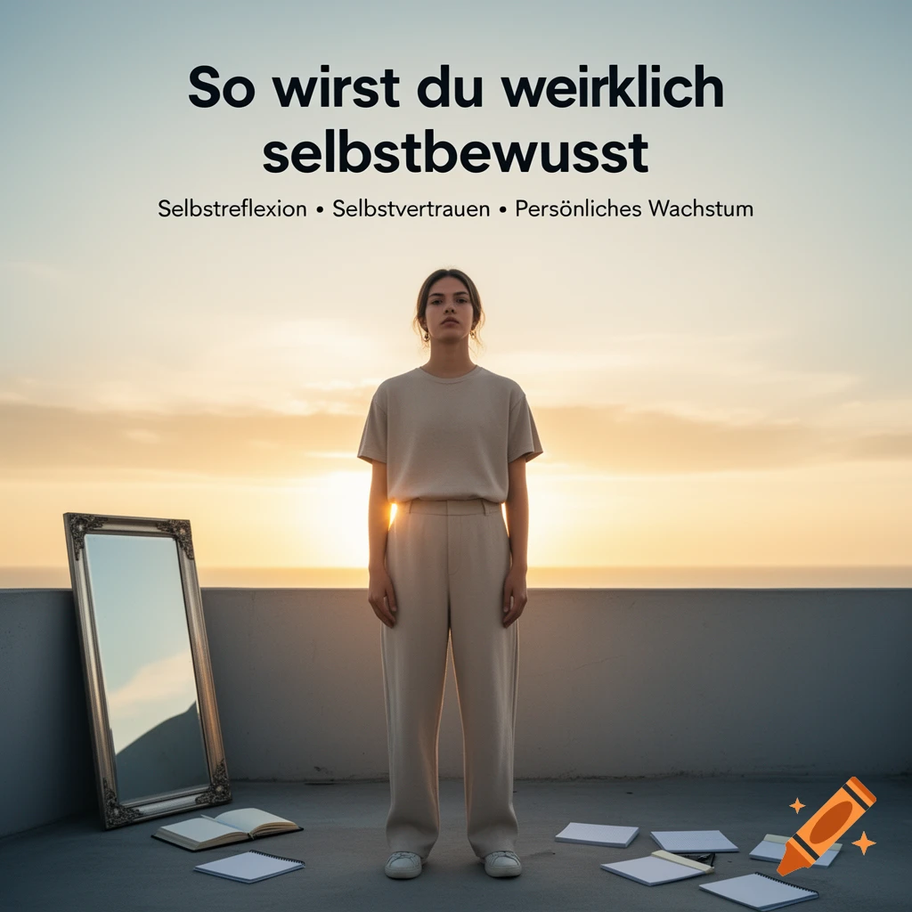 A young woman stands confidently on a rooftop at sunset, with a mirror and books, under text "So wirst du wirklich selbstbewusst" and "Selbstreflexion • Selbstvertrauen • Persönliches Wachstum".