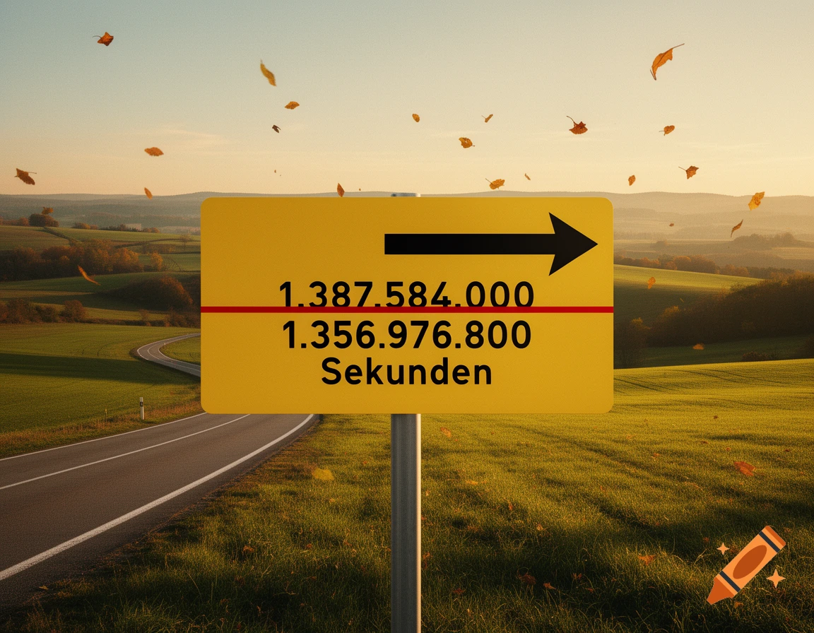 A yellow road sign with numbers and an arrow pointing right stands on a rural road with green fields and distant hills under a sunset sky, with autumn leaves falling.