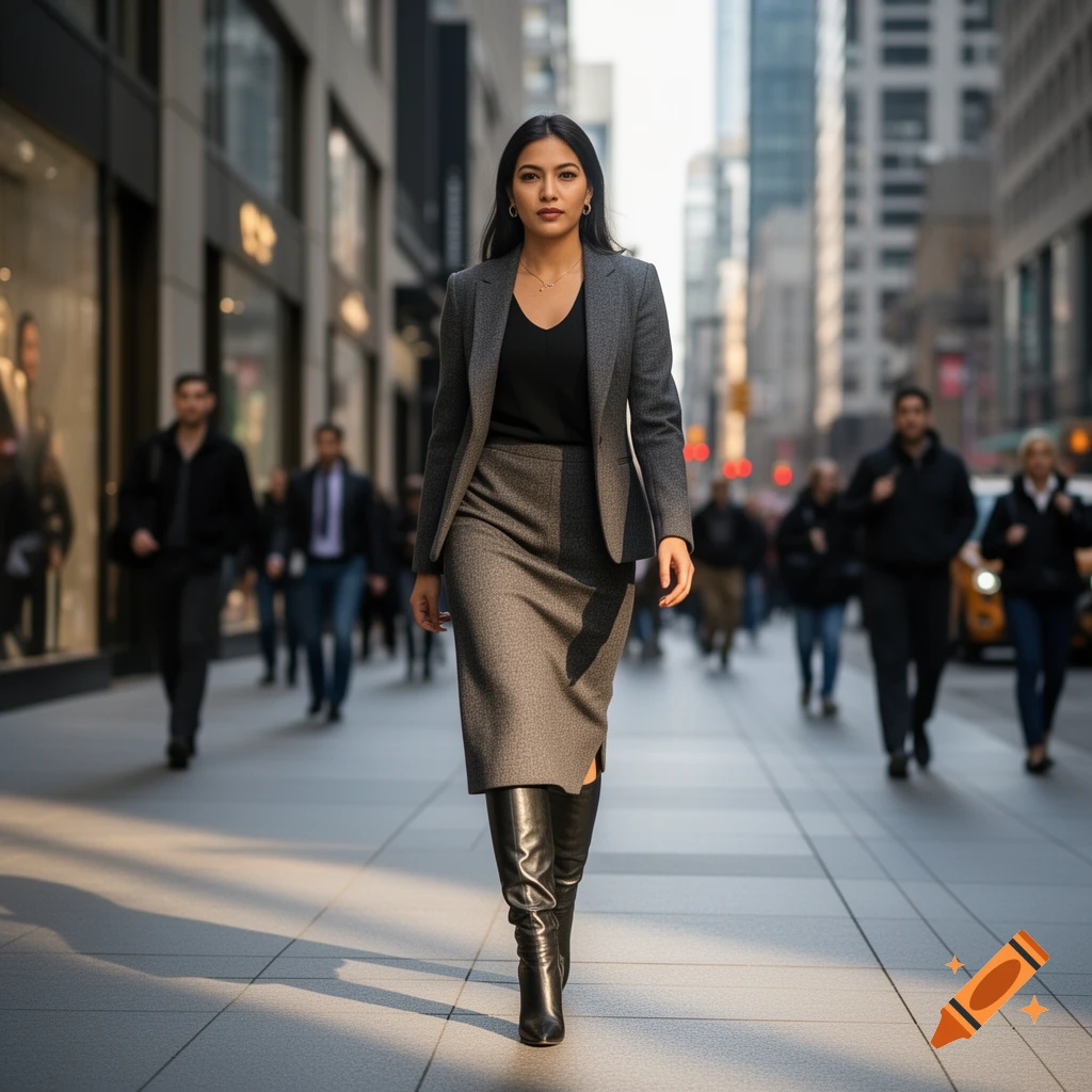 A businesswoman in a gray suit, skirt, and black boots walks confidently down a sunlit city street.