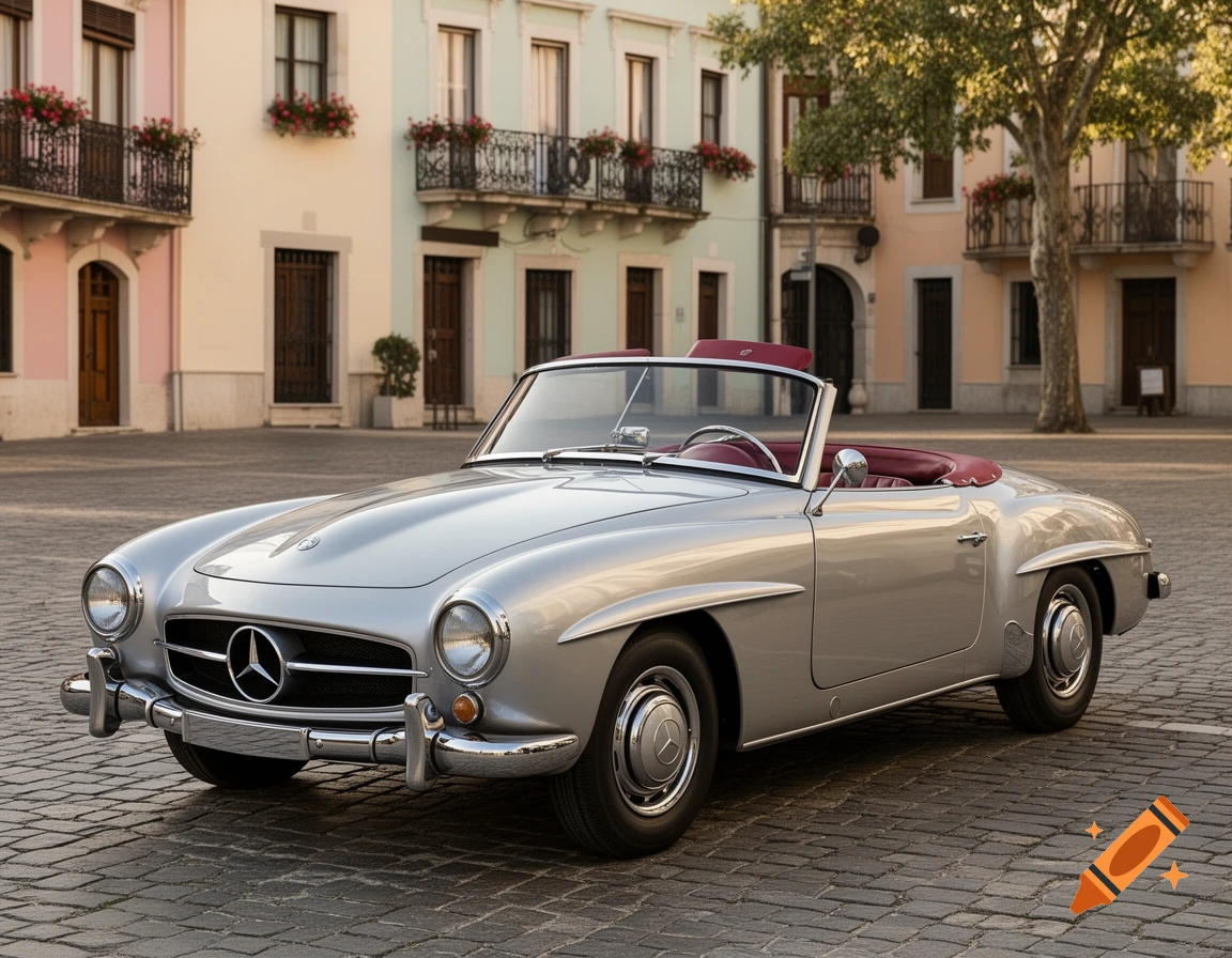 Photorealistic image of a silver 1958 Mercedes-Benz 190SL convertible with a red interior, parked on a cobblestone street in front of pastel buildings.