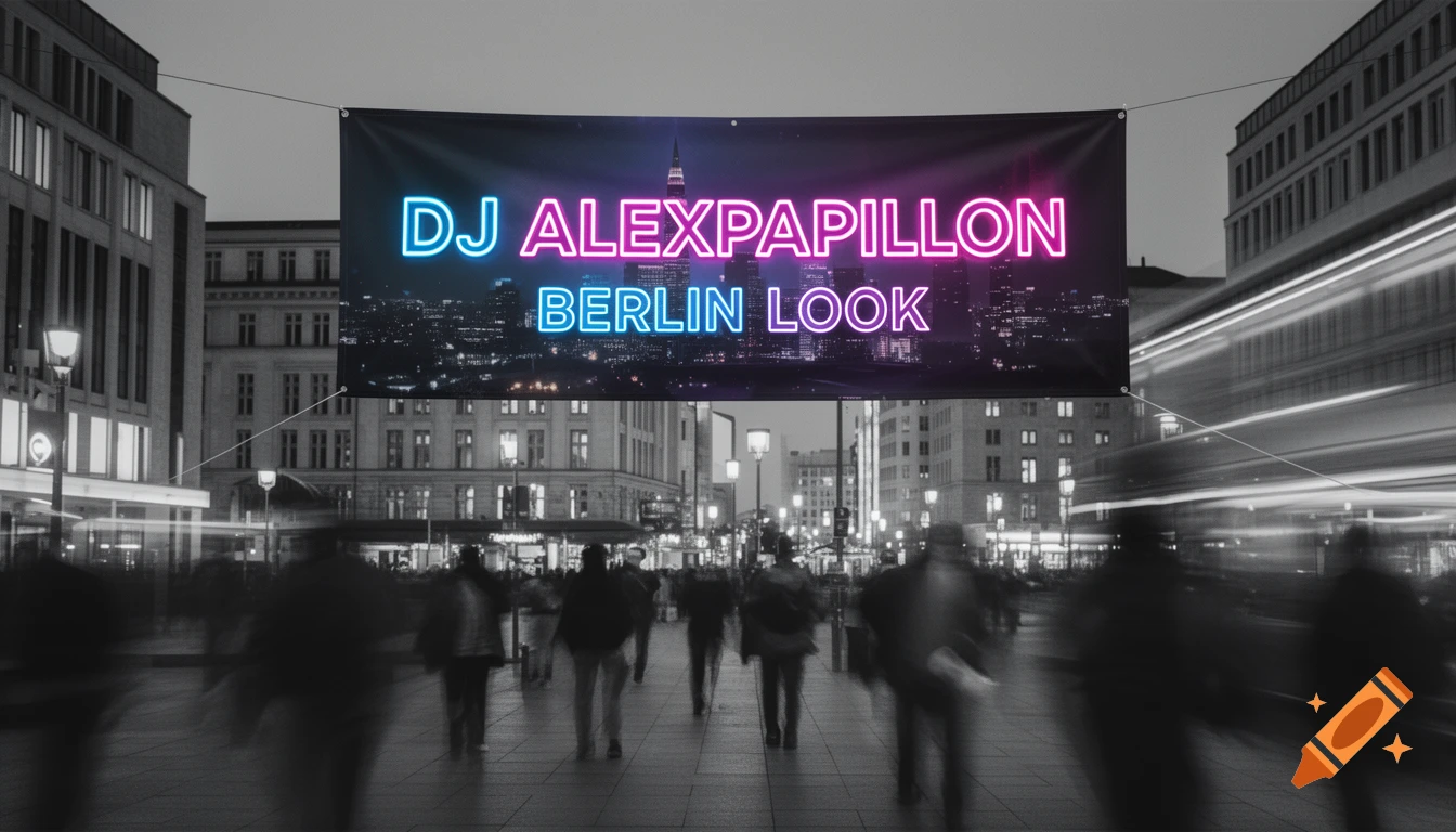 A neon-lit banner displays "DJ ALEXPAPILLON BERLIN LOOK" over a busy, monochrome city street with blurred pedestrians and buildings.