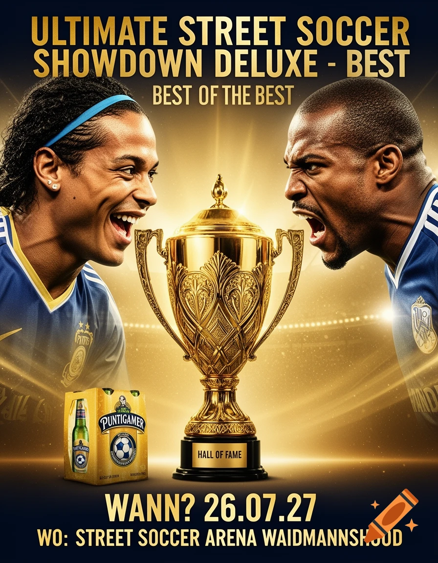 A vibrant street soccer showdown flyer with two players, a gold trophy, a beer carton, and event details.