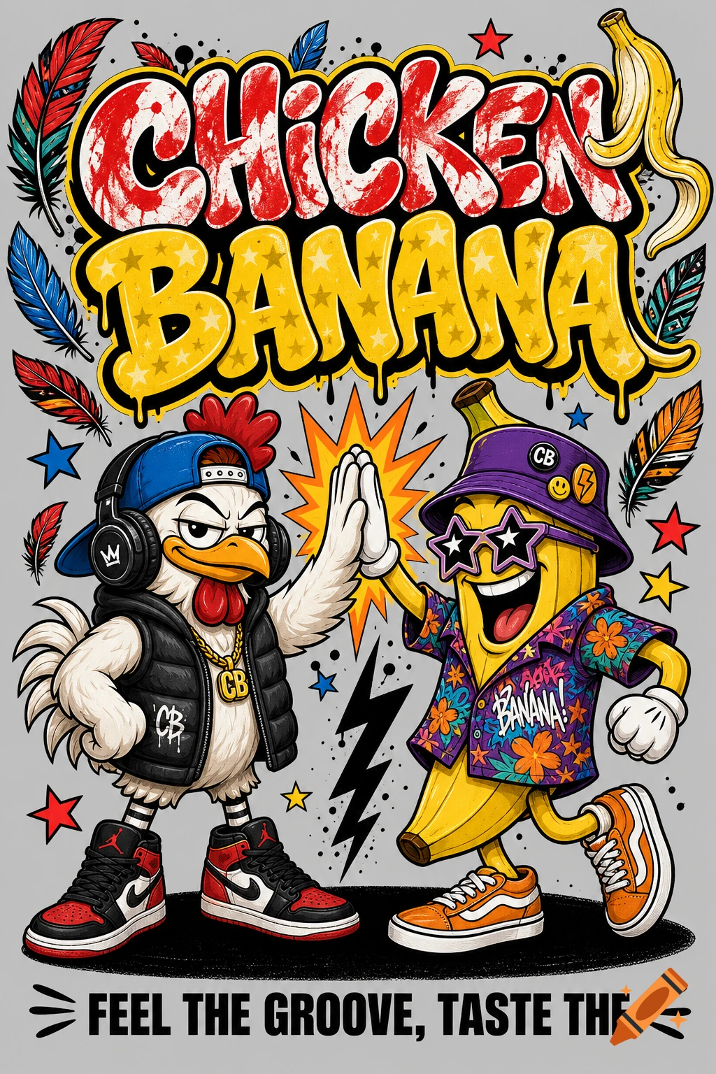Colorful graffiti-style illustration of a chicken and a banana character in streetwear high-fiving. Text reads 'CHICKEN BANANA' and 'FEEL THE GROOVE, TASTE THE'.