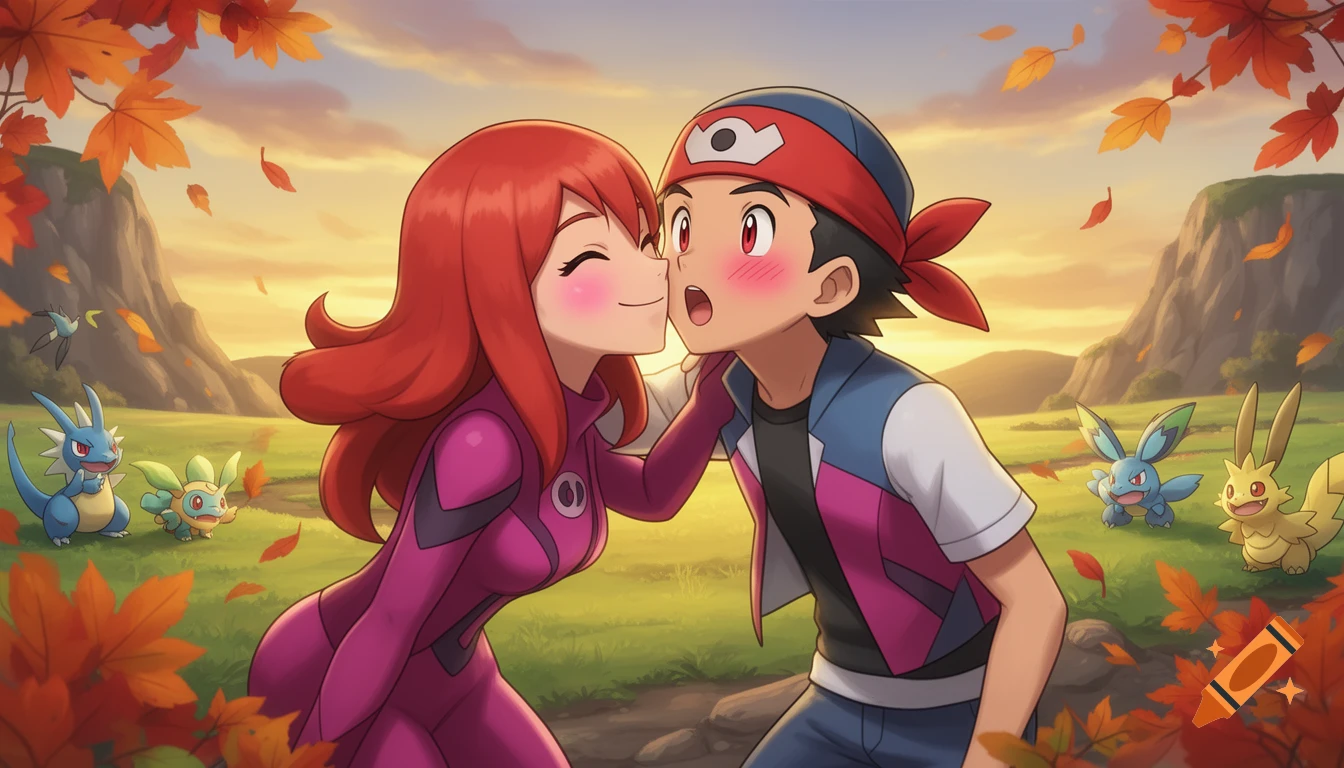 Red-haired anime girl kisses a blushing boy on the cheek in an autumn landscape with Pokemon creatures at sunset.