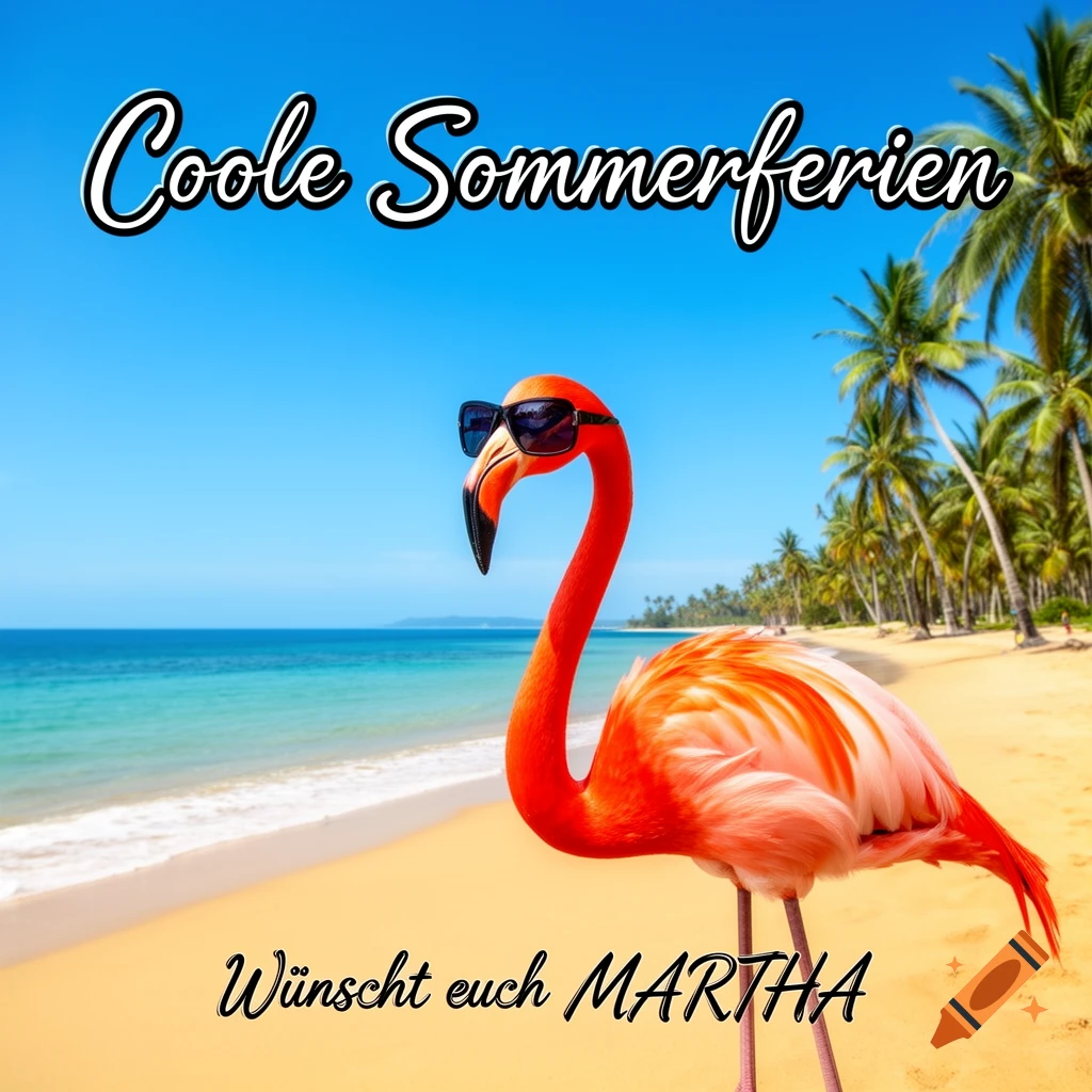 A pink flamingo with sunglasses on a sandy beach with palm trees. Text says "Coole Sommerferien Wünscht euch MARTHA".