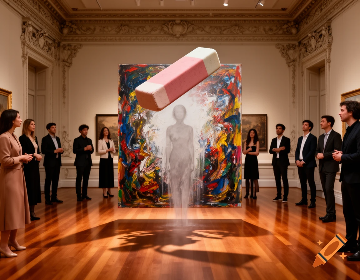 An oversized eraser floats above an abstract painting of a fading figure, watched by people in an elegant art gallery.