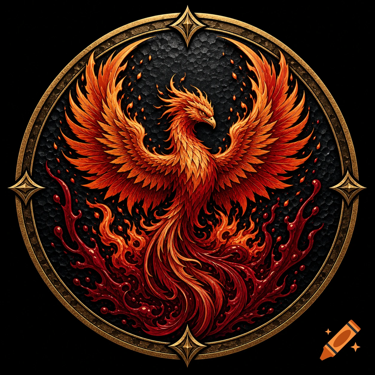 A vibrant phoenix made of fire and stylized blood, with large wings, centered within a golden-bordered heraldic emblem against a textured black background.