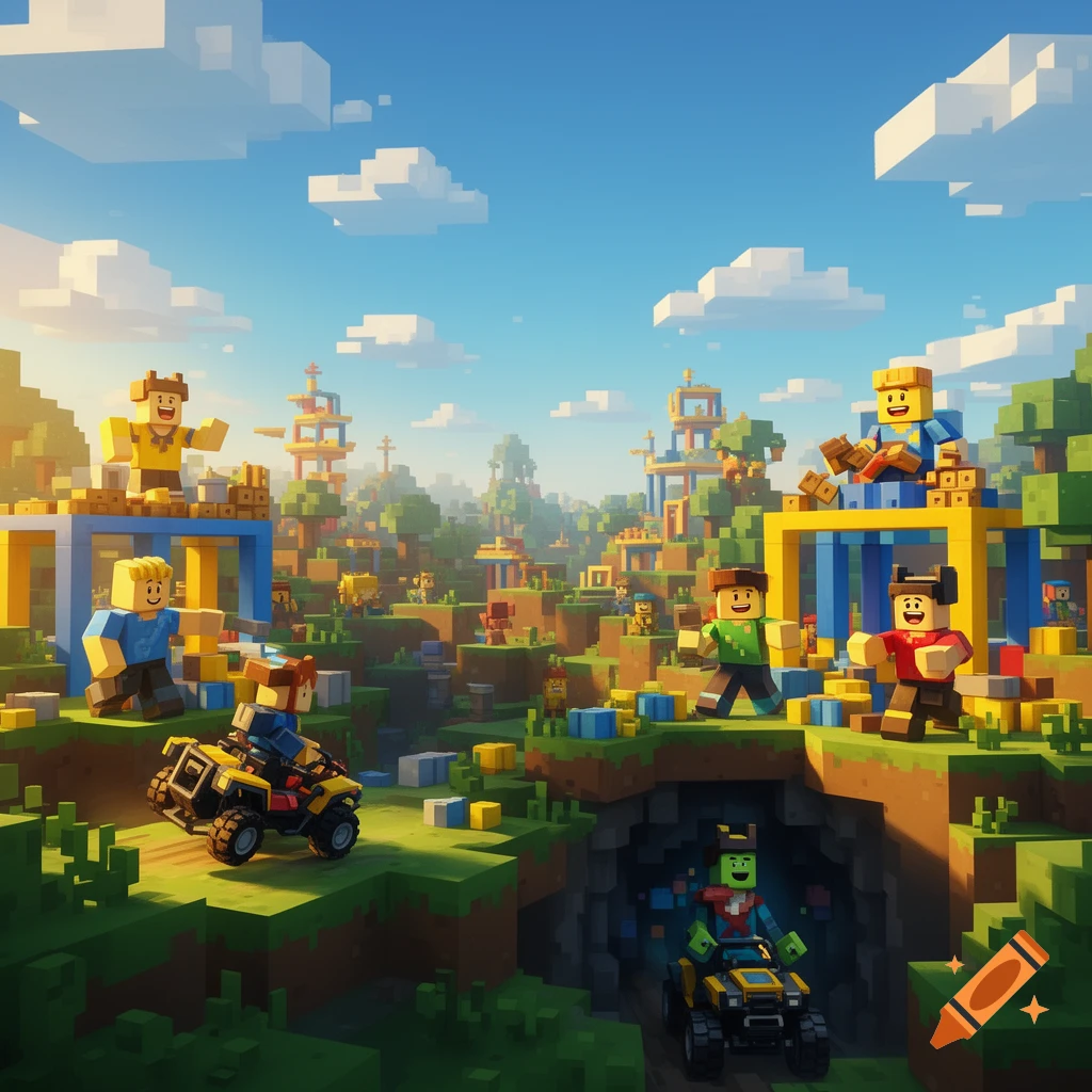 Blocky characters play and build in a vibrant block world with scattered blocks, structures, and ATVs on ground and in a cave, under a blue sky.