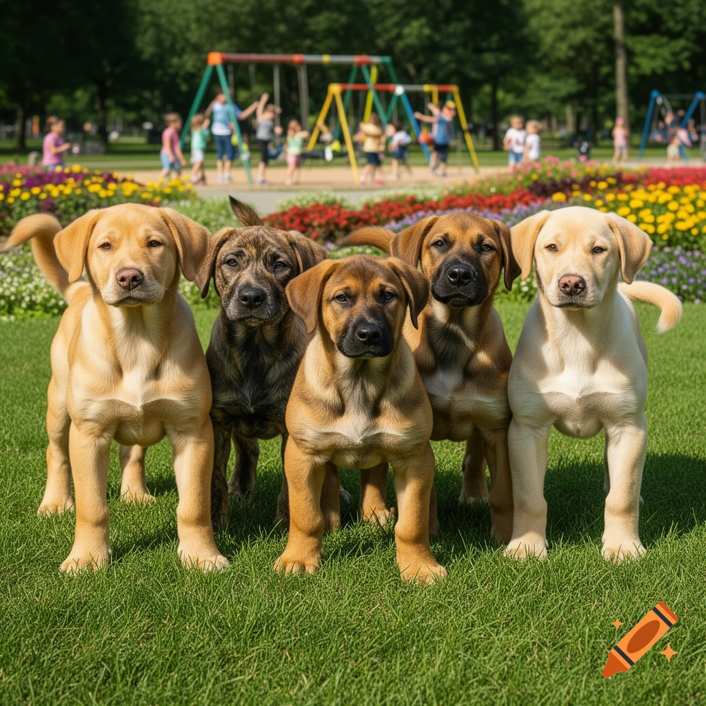 Five puppies stand on green grass in a sunny park with colorful flower beds and children playing on a playground in the background.