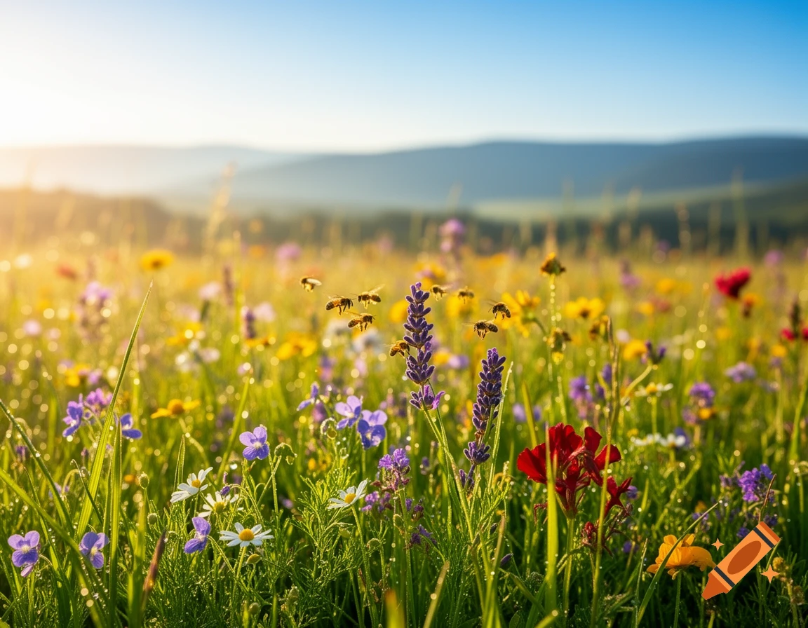 Vibrant, sunlit meadow with purple, yellow, red, and white wildflowers, buzzing bees, and distant mountains under a blue sky.