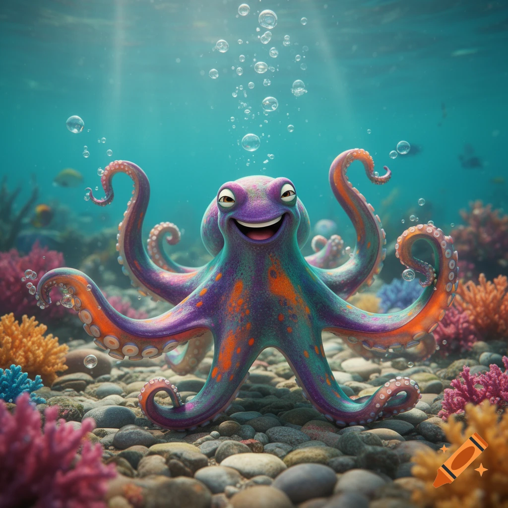 A vibrant, smiling cartoon octopus underwater, surrounded by colorful coral, pebbles, and rising bubbles.